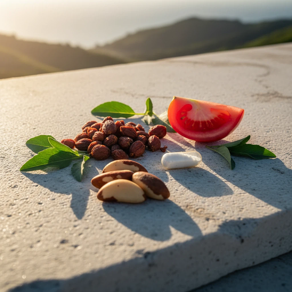 Natural wellness ingredients: saw palmetto berries, zinc capsule, lycopene tomato, selenium Brazil nuts and green leaves on stone surface
