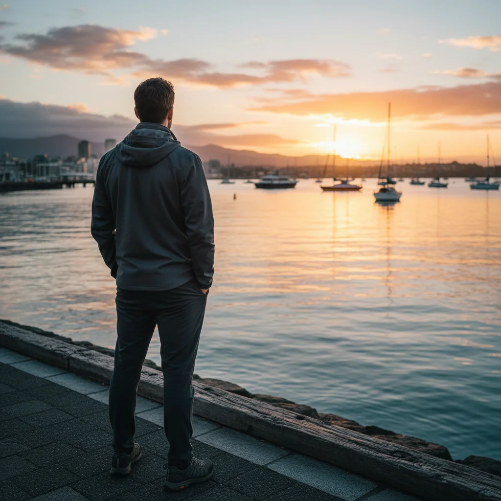 Anonymous man looking out over New Zealand harbour at sunrise - active everyday lifestyle