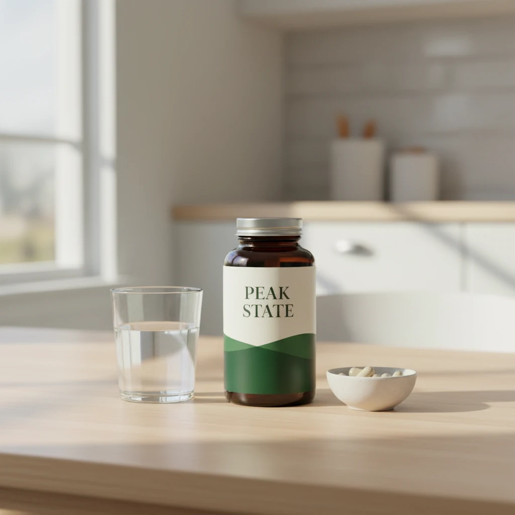 Peak State supplement bottle on wooden surface next to a glass of water - daily vitality support capsules for active men